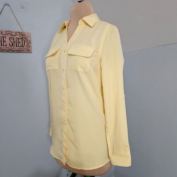D & Co Top Womens XXS Button Front Long Sleeve Chest Pockets Yellow Minimal - Picture 4 of 11